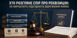 Юридичні книги (Конституція, ЦПК, Реквізиція майна), терези правосуддя та позовна заява, що символізують підсудність відчуження майна та вирішення спорів щодо реквізиції.