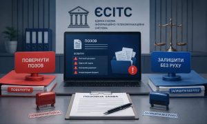 ЄСІТС повернення позову: ноутбук показує помилки в додатках, варіанти "Повернути позов" та "Залишити без руху".