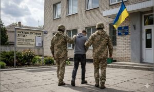 Військові супроводжують чоловіка до ТЦК. Білборд про оскарження дій ТЦК та рішення ВС.