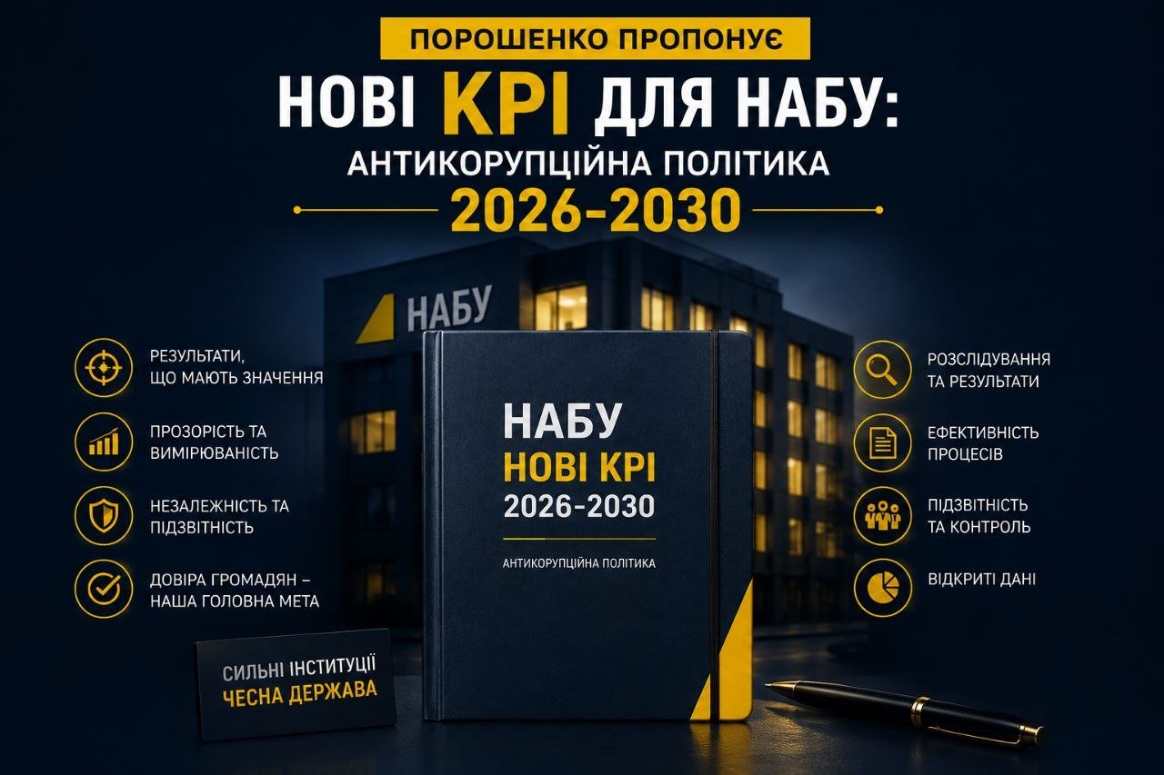Графіка: Петро Порошенко пропонує нові KPI для НАБУ, що стосуються антикорупційної політики 2026-2030, із зображенням будівлі НАБУ та блокнота з цілями та принципами прозорості та підзвітності.