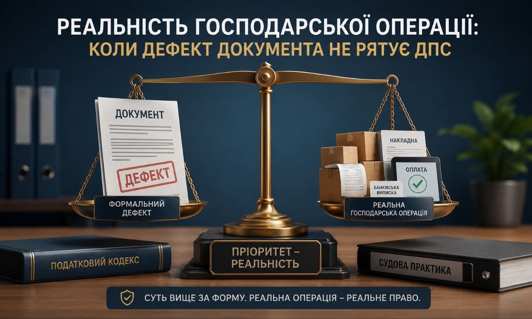 Терези: реальність господарської операції (накладна, оплата, виписка, коробки) переважує дефектний документ.