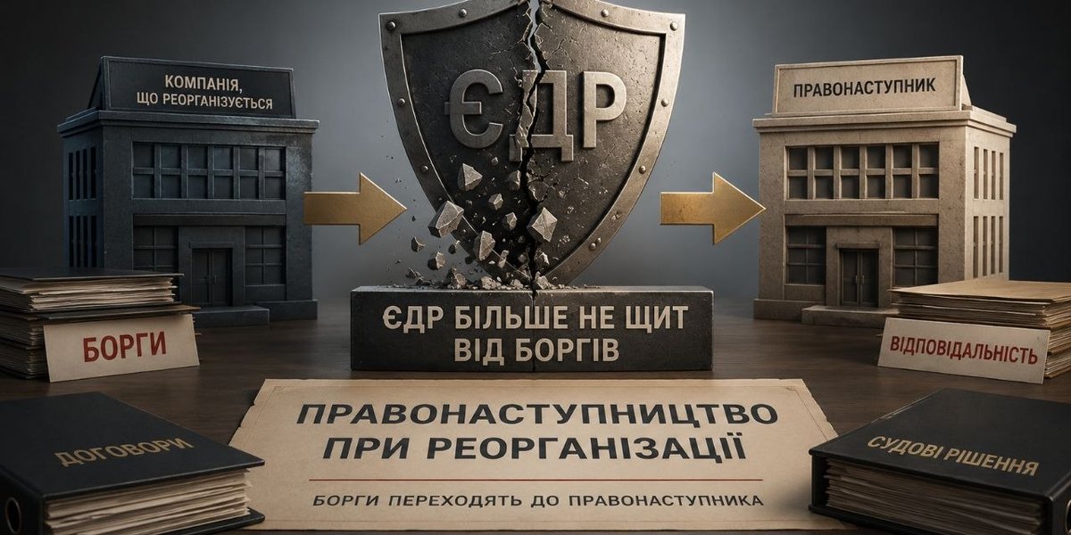Зображення, що ілюструє правонаступництво при реорганізації: компанії, борги, відповідальність та розбитий щит ЄДР, що символізує, що ЄДР більше не захищає від боргів.
