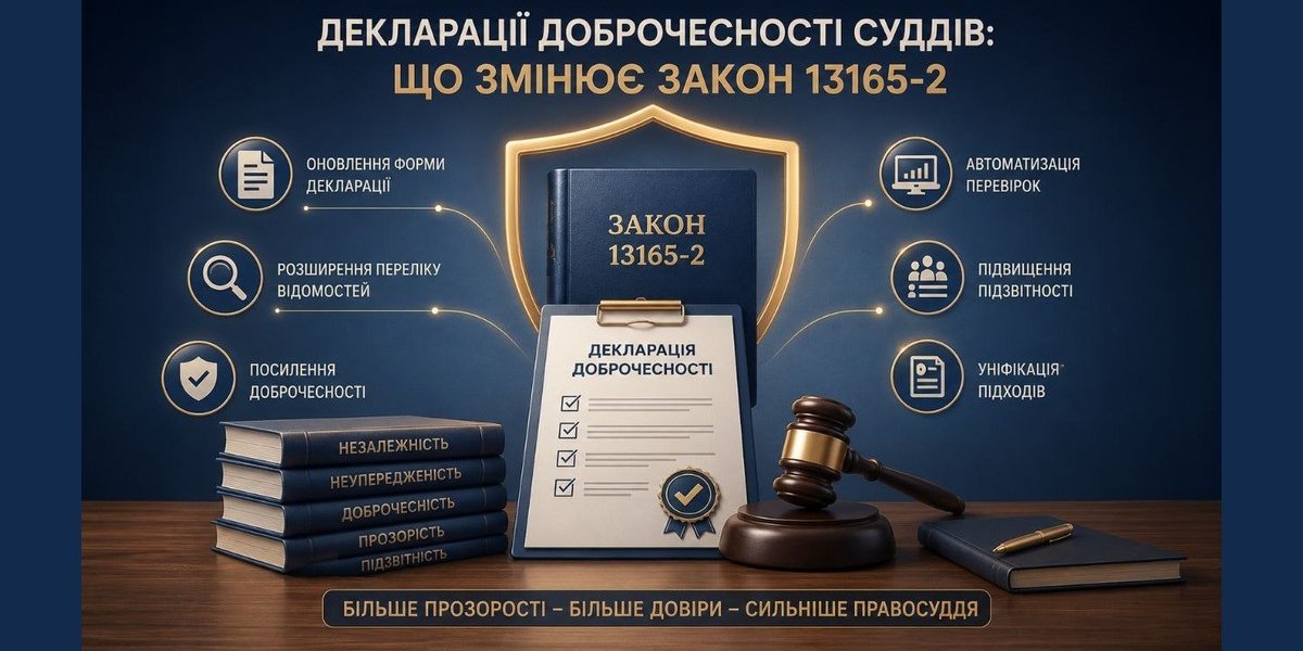 Декларації доброчесності суддів: інфографіка змін за законом №13165-2. Документ, книга, молоток, іконки оновлень.
