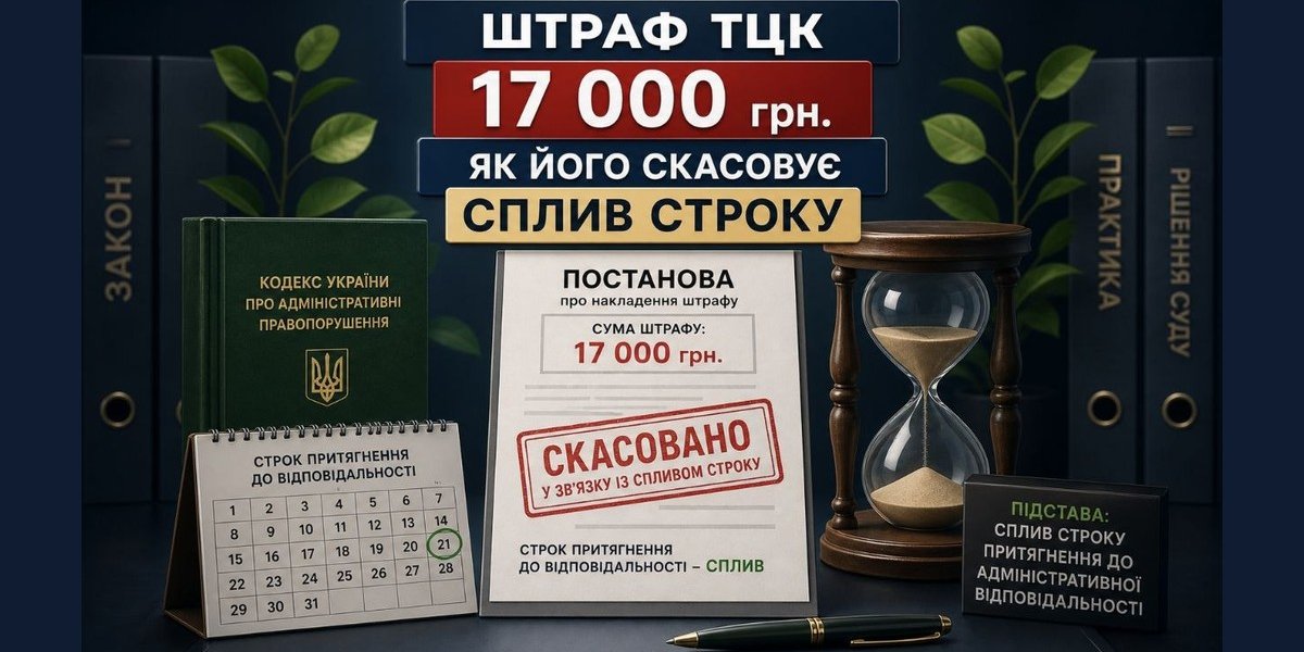 Зображення демонструє скасування штрафу ТЦК 17000 грн через сплив строку, з Кодексом України про адмінправопорушення, календарем та пісочним годинником.