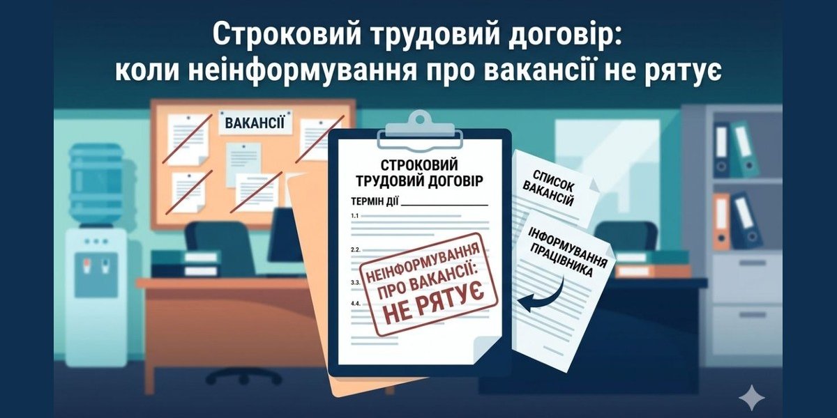 Ілюстрація офісу з документом "Строковий трудовий договір" та штампом "Неінформування про вакансії: не рятує", що відображає позицію суду щодо звільнення.