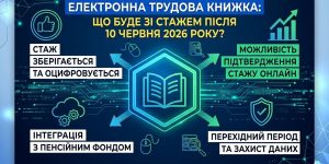Інфографіка про Електронну трудову книжку: збереження стажу, онлайн підтвердження, інтеграція з ПФУ, захист даних після 10.06.2026.