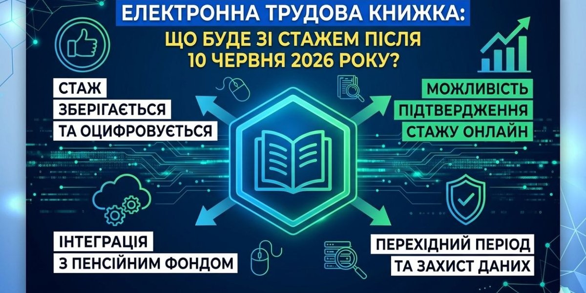 Інфографіка про Електронну трудову книжку: збереження стажу, онлайн підтвердження, інтеграція з ПФУ, захист даних після 10.06.2026.