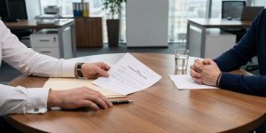 В офісі чоловік тримає документ про звільнення за угодою сторін, обговорюючи його з колегою. Це ілюструє питання тиску керівника.