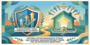 Іпотека після воєнного стану: законопроект 15335 візуалізує захист власності та стабільність, що пропонує законопроект 15335, зображений щитом та будинком з ключами.