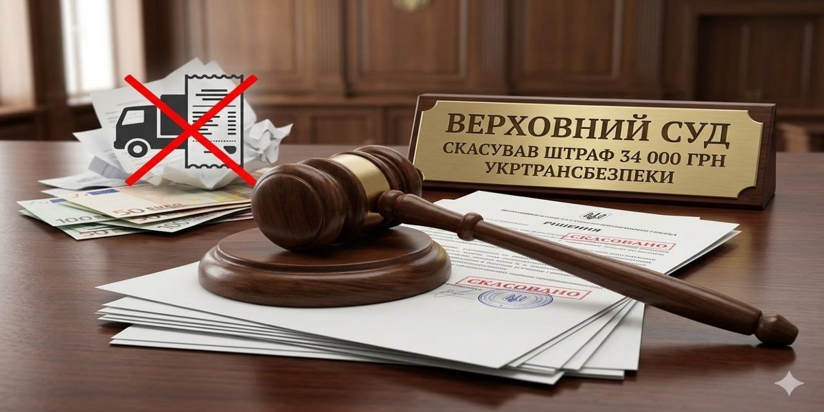 Дерев'яний молоток судді лежить на документах зі штампом "СКАСОВАНО" та табличка "Верховний Суд скасував штраф Укртрансбезпеки" на столі, поруч зім'ятий штраф за перевезення.