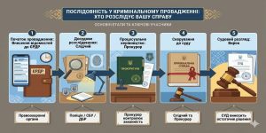 Інфографіка "Підслідність у кримінальному провадженні: хто розслідує вашу справу" з 5 етапів провадження та учасників (ЄРДР, слідчий, прокурор, суд).