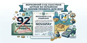 Ілюстрація рішення Верховного Суду: скасований штраф 92 млн грн, лого NovaPay, посилки з постоплатою та РРО з оновленими правилами. Це стосується РРО постоплата NovaPay.