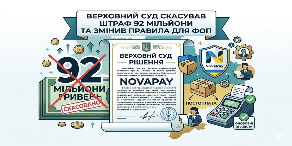Ілюстрація рішення Верховного Суду: скасований штраф 92 млн грн, лого NovaPay, посилки з постоплатою та РРО з оновленими правилами. Це стосується РРО постоплата NovaPay.