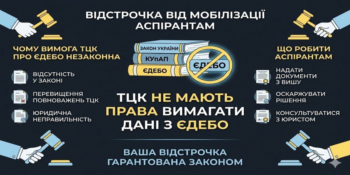 Інфографіка: Відстрочка від мобілізації аспірантам, пояснює чому вимога ТЦК про ЄДЕБО незаконна та що робити. Зображені молотки суддів та книги, одна з яких перекреслена "ЄДЕБО".