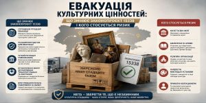 Інфографіка про законопроект 15338, що регулює евакуацію культурних цінностей, показує ящик з артефактами, транспорт та перелік змін і ризиків.