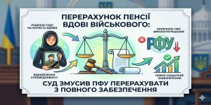 Інфографіка про перерахунок пенсії вдові військового, що зображує вдову, терези правосуддя та графік зростання виплат після рішення суду проти ПФУ.