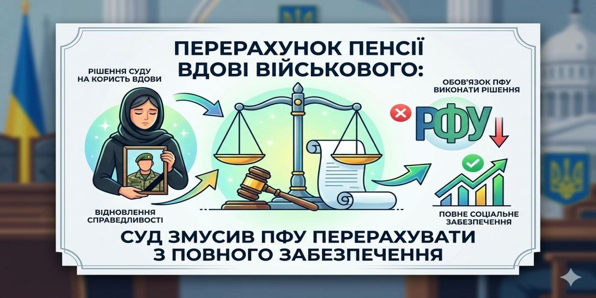 Інфографіка про перерахунок пенсії вдові військового, що зображує вдову, терези правосуддя та графік зростання виплат після рішення суду проти ПФУ.