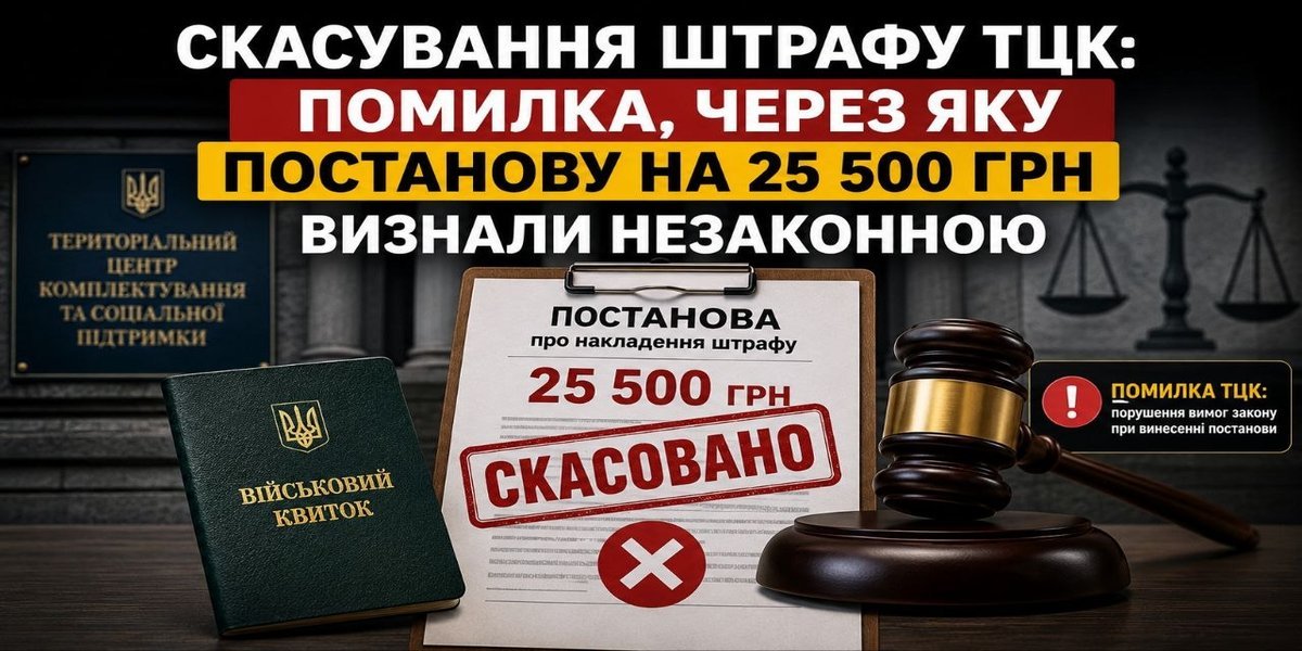 Скасування штрафу ТЦК: на зображенні постанова про штраф 25 500 грн зі штампом "СКАСОВАНО", військовий квиток та молоток судді, що символізує незаконність рішення ТЦК.