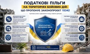 Інфографіка про податкові пільги на територіях бойових дій за законопроектом 15342: звільнення, відстрочки, підтримка бізнесу.