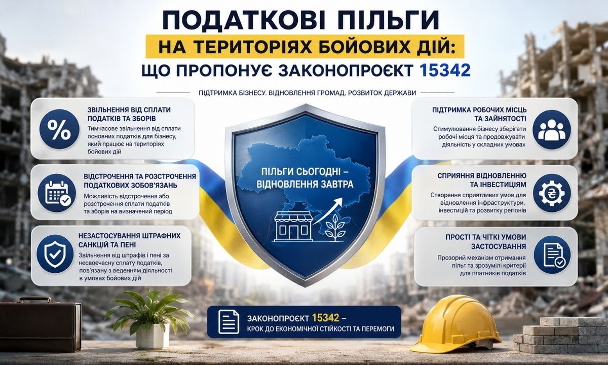 Інфографіка про податкові пільги на територіях бойових дій за законопроектом 15342: звільнення, відстрочки, підтримка бізнесу.