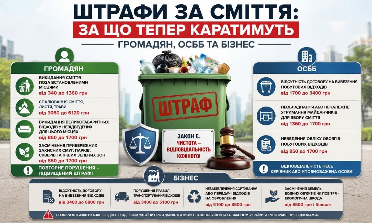 Штрафи за сміття: інфографіка деталізує види порушень та суми стягнень для громадян, ОСББ і бізнесу.