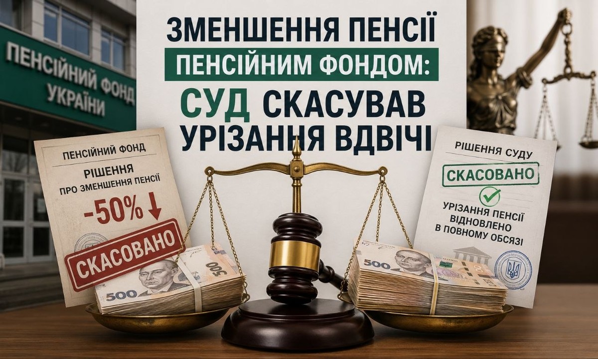 Зменшення пенсії Пенсійним фондом скасовано судом. Інфографіка з терезами, грошима та документами, що свідчать про відновлення виплат.