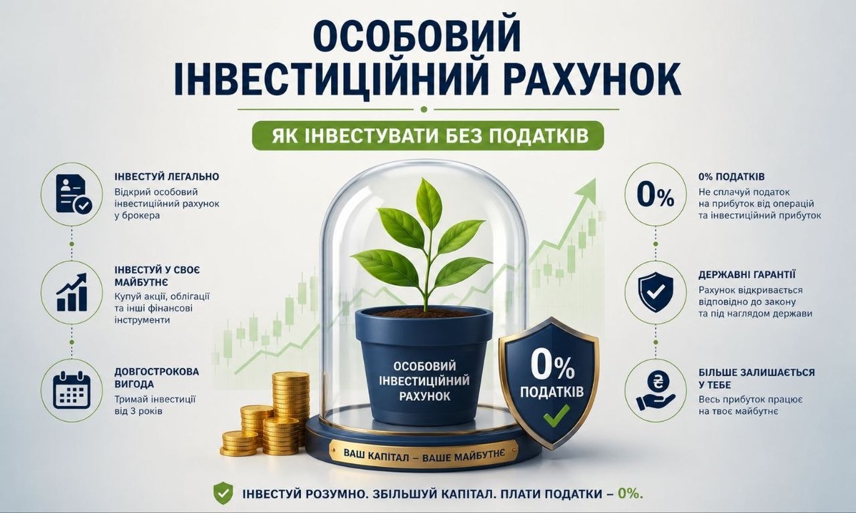 Інфографіка пояснює, як особовий інвестиційний рахунок дозволяє інвестувати без податків, показуючи етапи та переваги.