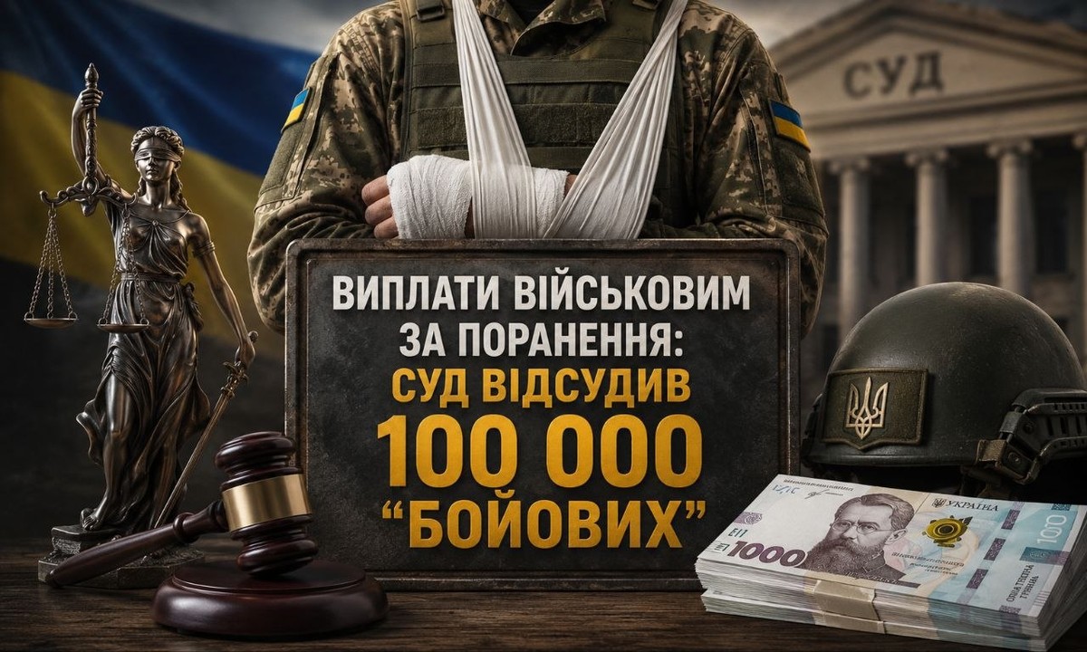 Інфографіка: виплати військовим за поранення. Солдат з травмованою рукою, суд, Феміда, гривні. Напис: Суд відсудив 100 000 «бойових».