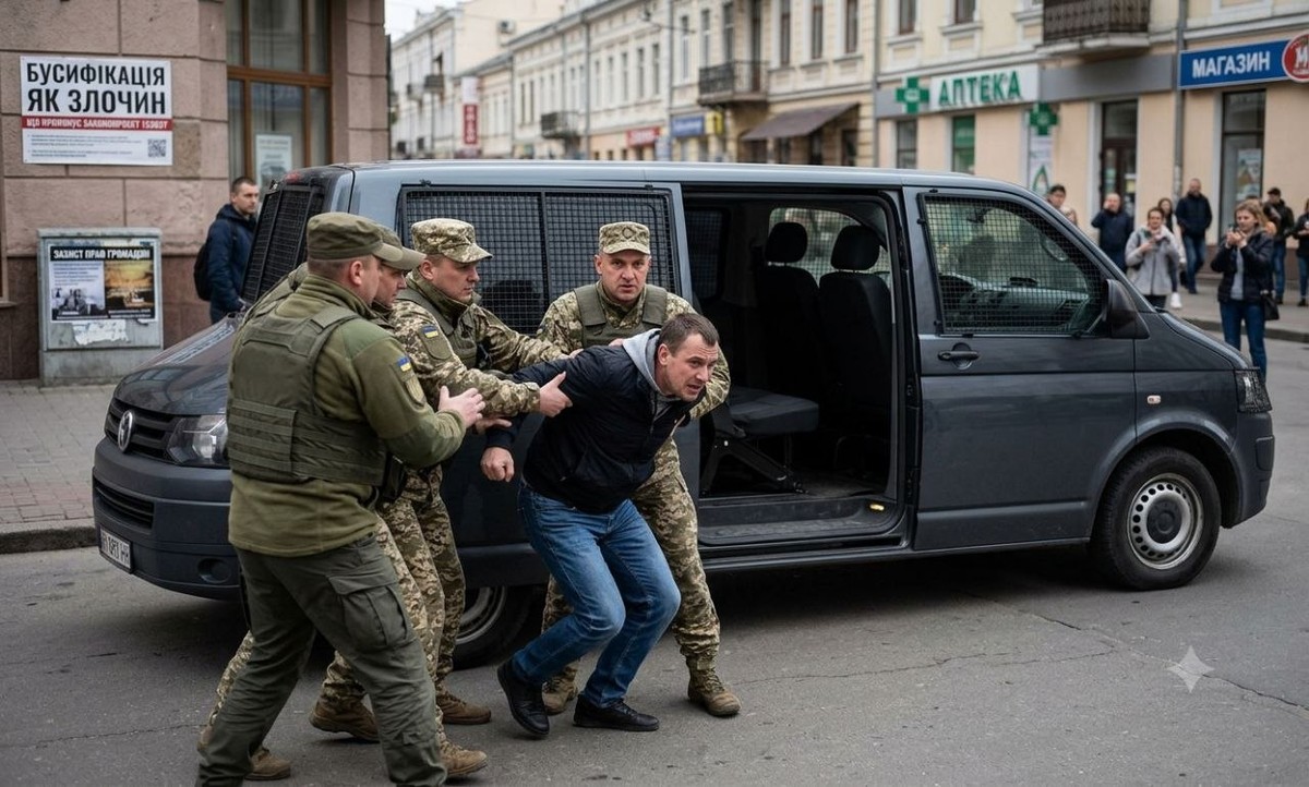 Бусифікація: чоловіки у формі силоміць тягнуть цивільного до мікроавтобуса. На стіні напис "Бусифікація як злочин".