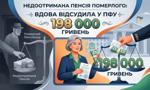 Інфографіка: вдова відсудила у ПФУ 198 тис. грн за недоотриману пенсію померлого чоловіка, зображено суд та гроші.