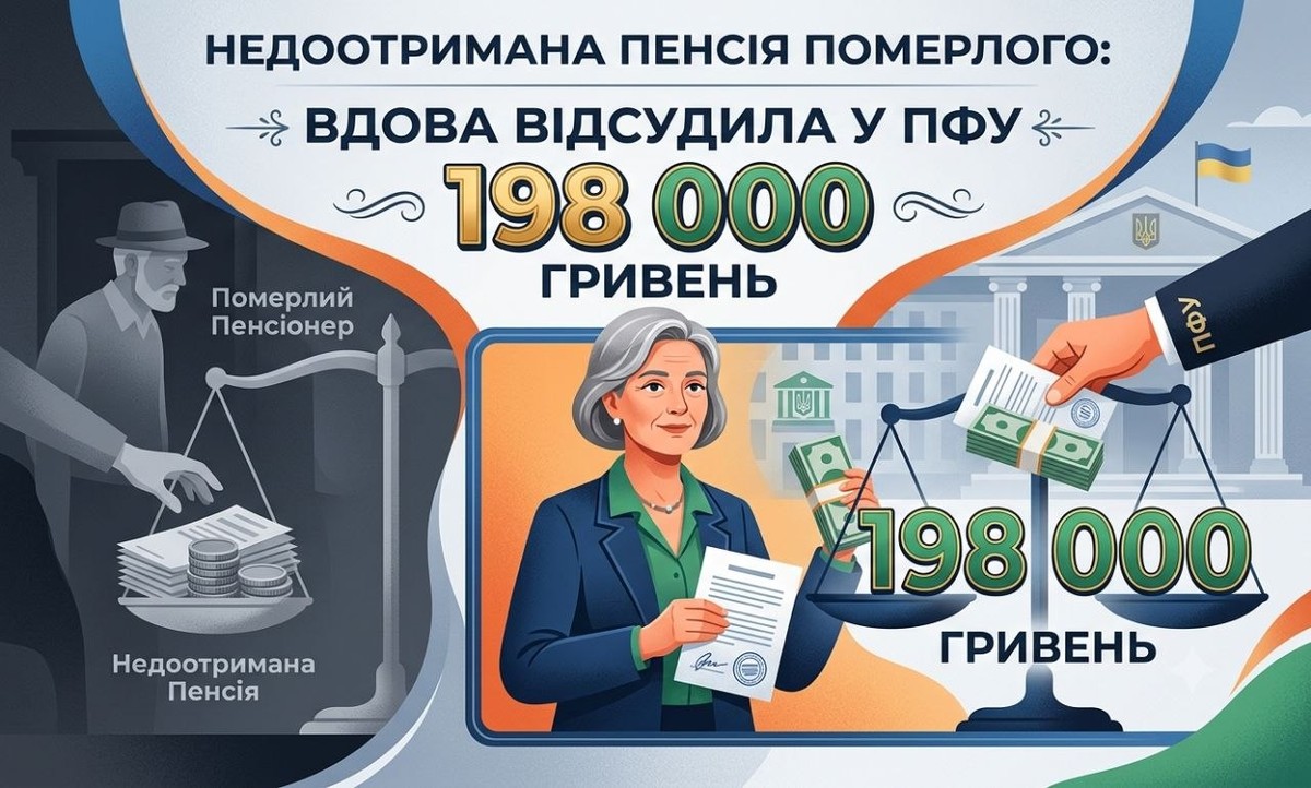 Інфографіка: вдова відсудила у ПФУ 198 тис. грн за недоотриману пенсію померлого чоловіка, зображено суд та гроші.