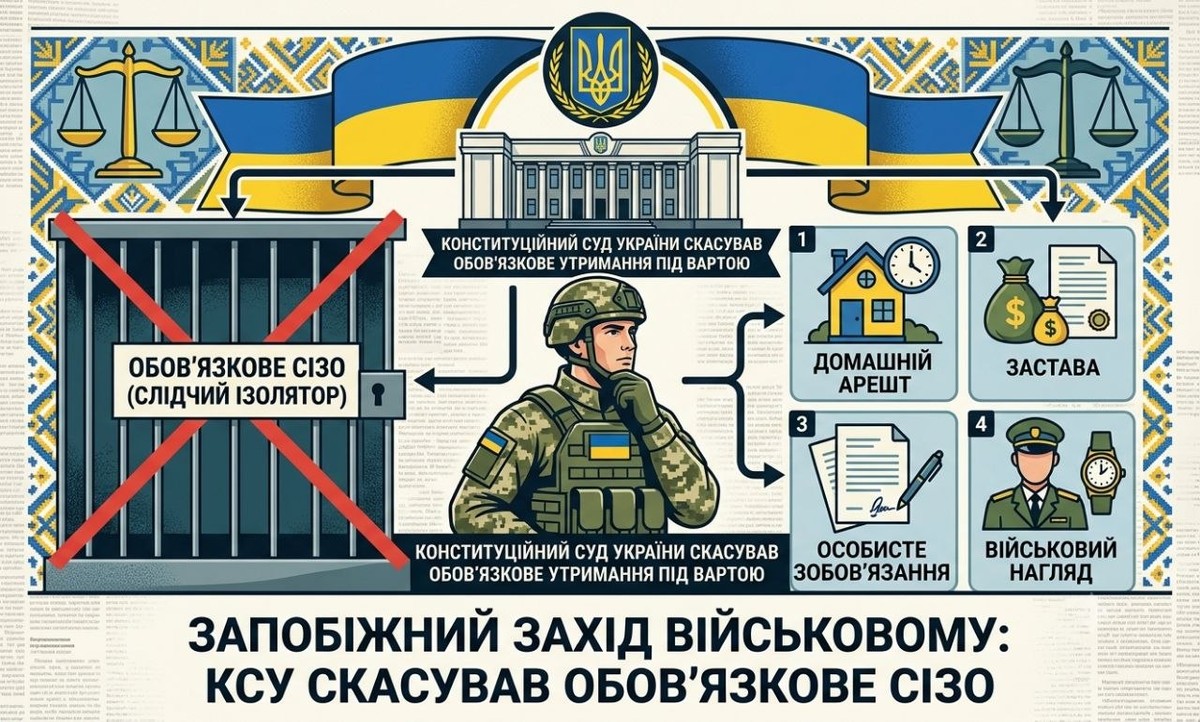 Інфографіка: КСУ скасував обов'язкове СІЗО як запобіжний захід військовому, дозволивши домашній арешт, заставу, особисте зобов'язання та нагляд.