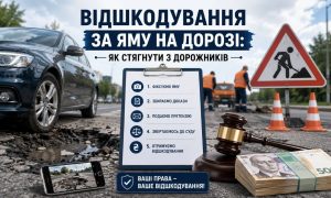 Автомобіль біля глибокої ями на дорозі, смартфон фіксує пошкодження, покроковий алгоритм відшкодування за яму на дорозі