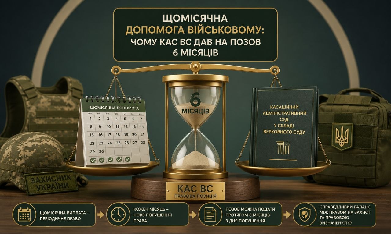 Ваги з пісочним годинником «6 місяців», календарем щомісячної допомоги та книгою КАС ВС — правова позиція Верховного Суду