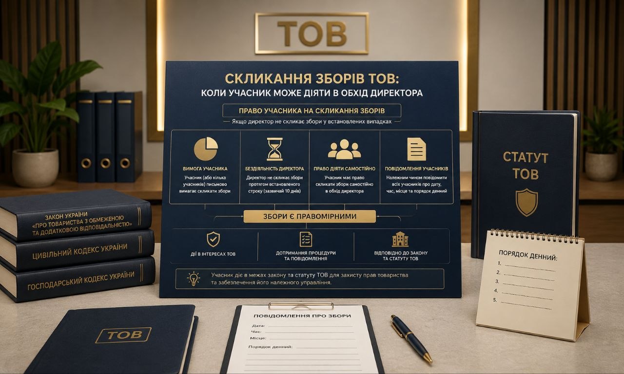 Скликання зборів ТОВ: коли учасник може діяти в обхід директора — інфографіка з алгоритмом правомірного скликання (КГС ВС №910/4859/25)
