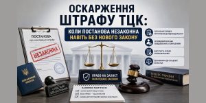 Оскарження штрафу ТЦК: на зображенні постанова про штраф з печаткою "НЕЗАКОННА", військовий квиток, терези правосуддя та перелік підстав для скасування. Це ілюструє можливість оскаржити неправомірні рішення ТЦК.
