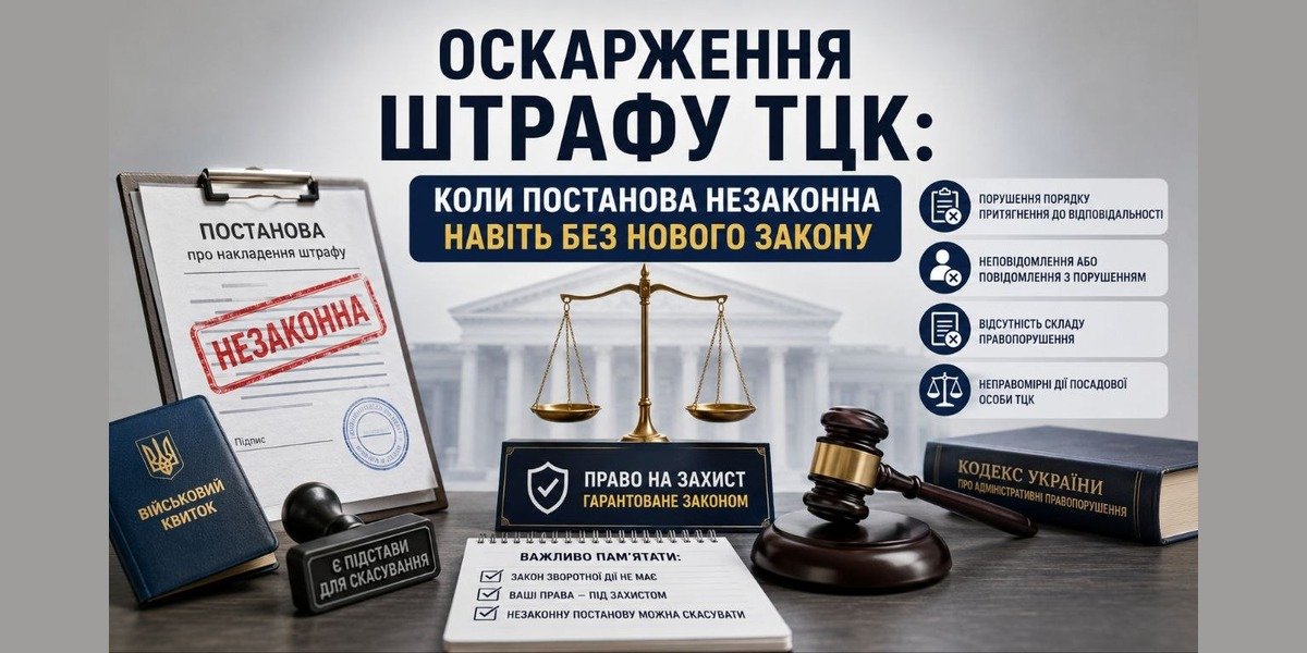 Оскарження штрафу ТЦК: на зображенні постанова про штраф з печаткою "НЕЗАКОННА", військовий квиток, терези правосуддя та перелік підстав для скасування. Це ілюструє можливість оскаржити неправомірні рішення ТЦК.