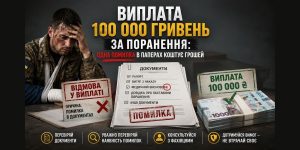Виплата 100 тисяч за поранення може бути втрачена: зображення показує засмученого солдата, документи з позначкою "ПОМИЛКА" та відмову у виплаті через помилки в паперах.