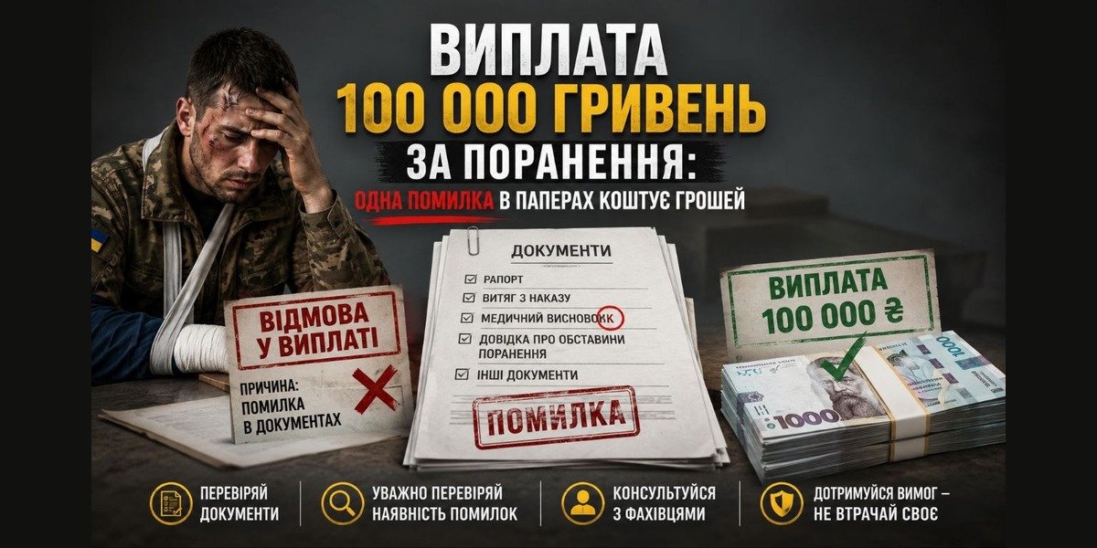 Виплата 100 тисяч за поранення може бути втрачена: зображення показує засмученого солдата, документи з позначкою "ПОМИЛКА" та відмову у виплаті через помилки в паперах.