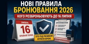 Зображення календаря з датою 16 липня, щита, чек-листа бронювання, штампу "розбронювання" та тексту "Нові правила бронювання 2026", що ілюструє крайній термін та ризики.