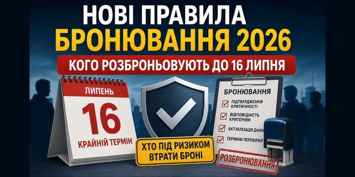 Зображення календаря з датою 16 липня, щита, чек-листа бронювання, штампу "розбронювання" та тексту "Нові правила бронювання 2026", що ілюструє крайній термін та ризики.