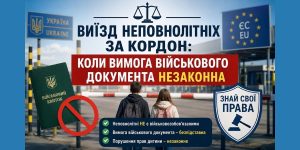 Виїзд неповнолітніх за кордон: перекреслений військовий квиток, підлітки на прикордонному пункті, знаки України/ЄС, вимога військового документа незаконна.