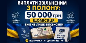 Графічне зображення про виплати звільненим з полону 50 000 грн щомісяця, що тепер доступні не лише військовим, із посвідченням, гривнями та календарем на тлі прапора України.