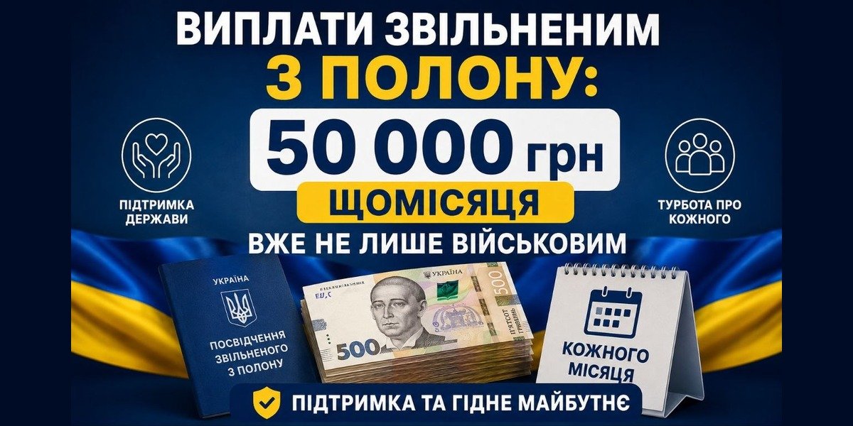 Графічне зображення про виплати звільненим з полону 50 000 грн щомісяця, що тепер доступні не лише військовим, із посвідченням, гривнями та календарем на тлі прапора України.