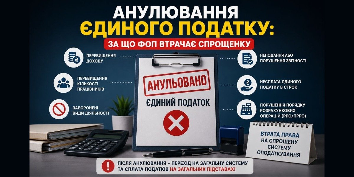 Інфографіка: Анулювання єдиного податку для ФОП. Зображено причини втрати спрощенки: перевищення доходу, працівників, заборонені види діяльності, порушення звітності, несплата, РРО.