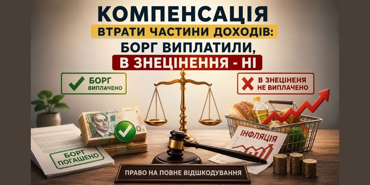 Ваги правосуддя, гривні та інфляційний графік ілюструють Компенсацію втрати частини доходів, коли борг виплачено, але знецінення – ні.