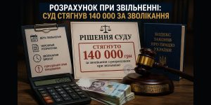 Зображення судового рішення про стягнення 140 000 грн за зволікання з розрахунком при звільненні, поруч калькулятор, гроші, молоток судді та Кодекс законів про працю.
