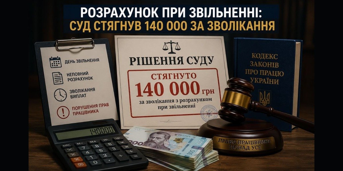 Зображення судового рішення про стягнення 140 000 грн за зволікання з розрахунком при звільненні, поруч калькулятор, гроші, молоток судді та Кодекс законів про працю.