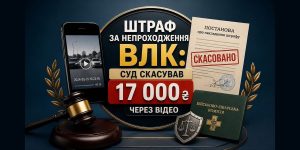 Зображення суду, що скасував штраф за непроходження ВЛК у 17000 грн через відеодоказ, з молотком, постановою "СКАСОВАНО" та телефоном з відео.
