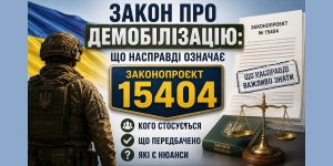 Український військовий на тлі прапора, текст про Закон про демобілізацію та законопроект №15404, документи, терези правосуддя.